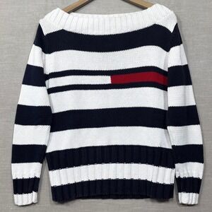 Vintage Tommy Hilfiger Striped Boatneck Sweater Women's Large Navy White Knit